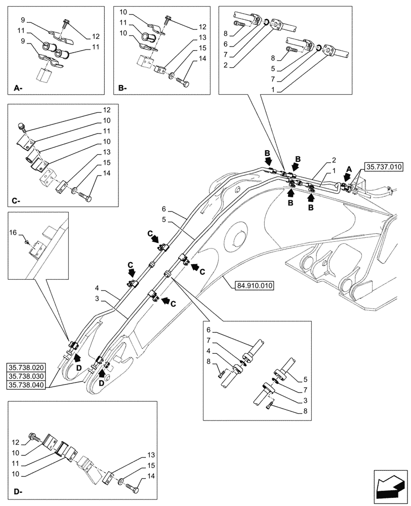 Схема запчастей Case CX750D RTC ME - (35.738.010) - VAR - 461028 - BUCKET CYLINDER, LINES (35) - HYDRAULIC SYSTEMS