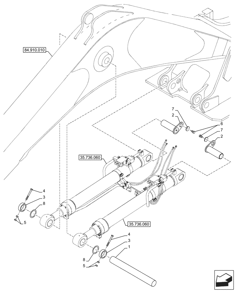 Схема запчастей Case CX750D RTC ME - (84.910.030) - VAR - 481064 - BOOM, CYLINDER, PIN (84) - BOOMS, DIPPERS & BUCKETS