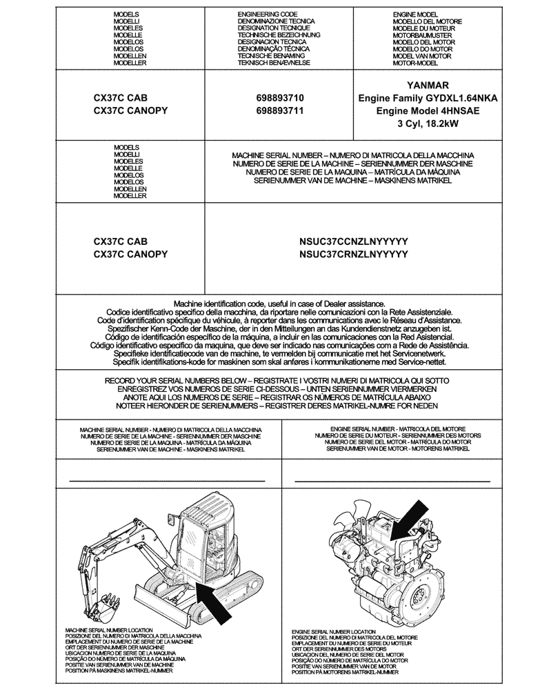 Схема запчастей Case CX37C - (00.100.01) - IDENTIFICATION PLATES AND VERSION LIST (00) - GENERAL & PICTORIAL INDEX