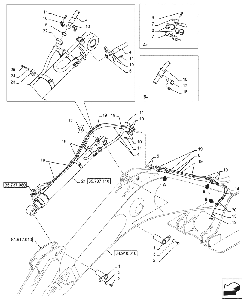 Схема запчастей Case CX750D RTC ME - (35.737.080) - VAR - 481064 - ARM, CYLINDER, LINES, SAFETY VALVE (35) - HYDRAULIC SYSTEMS