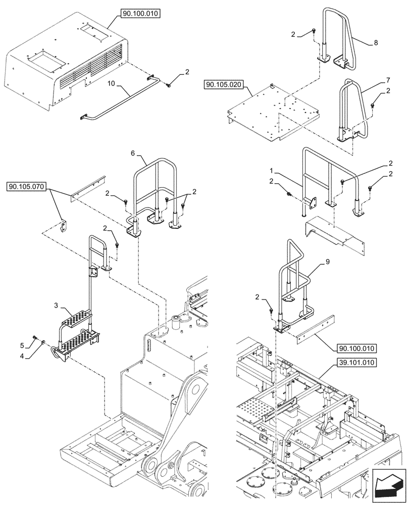 Схема запчастей Case CX750D RTC ME - (90.118.030) - HANDRAIL (90) - PLATFORM, CAB, BODYWORK AND DECALS