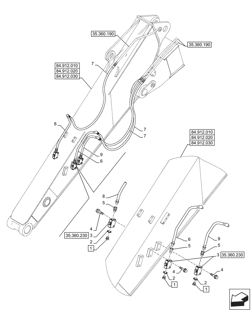 Схема запчастей Case CX245D - (35.360.200) - VAR - 461863 - ARM, LINE, CLAMSHELL BUCKET, ROTATION, W/ ELECTRICAL PROPORTIONAL CONTROL (ARM L=2.4M) (35) - HYDRAULIC SYSTEMS