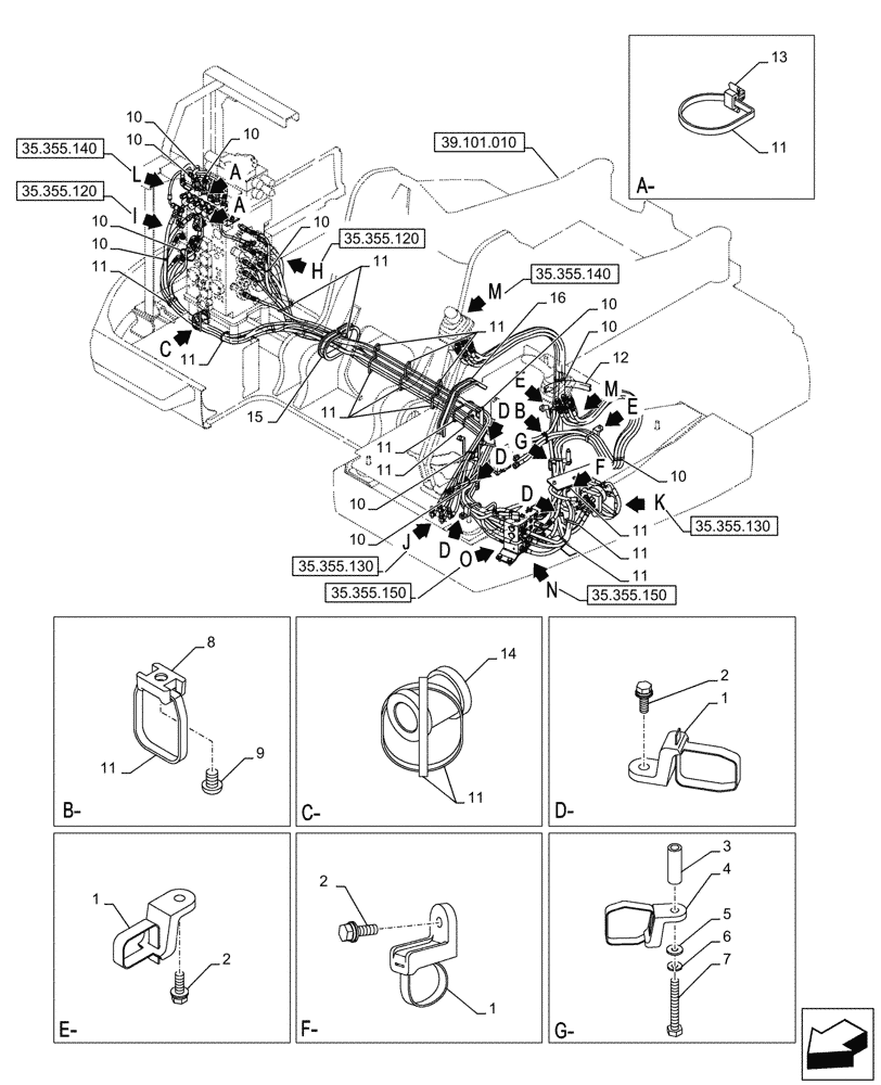 Схема запчастей Case CX245D - (35.355.110) - VAR - 461558 - HYDRAULIC LINE, CLAMP, CONTROL PATTERN SELECTION (35) - HYDRAULIC SYSTEMS