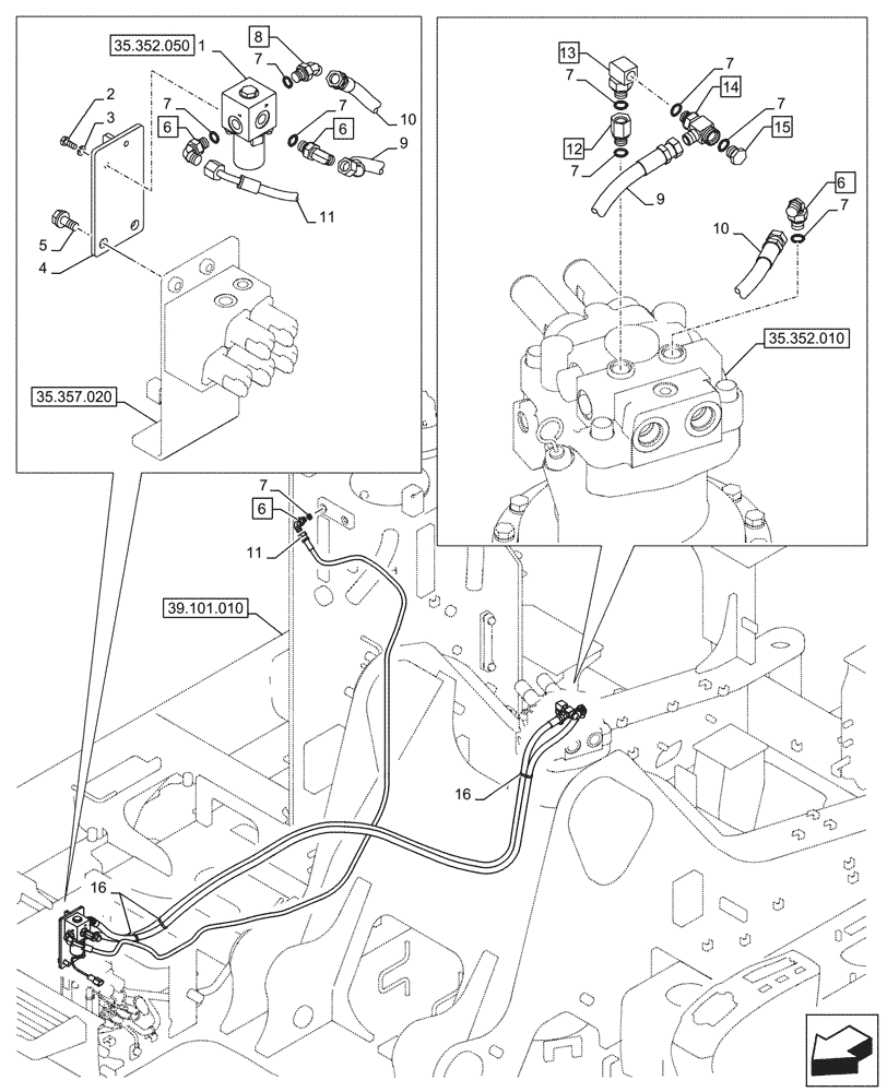 Схема запчастей Case CX245D SR LC - (35.352.070) - VAR - 461568 - MOTO-REDUCTION GEAR, LINES, FREE SWING (35) - HYDRAULIC SYSTEMS