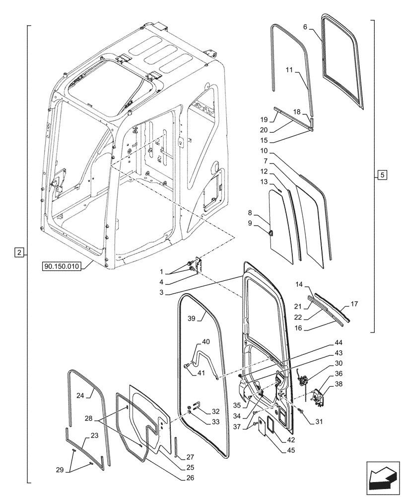 Схема запчастей Case CX245D - (90.154.010) - CAB DOOR (90) - PLATFORM, CAB, BODYWORK AND DECALS