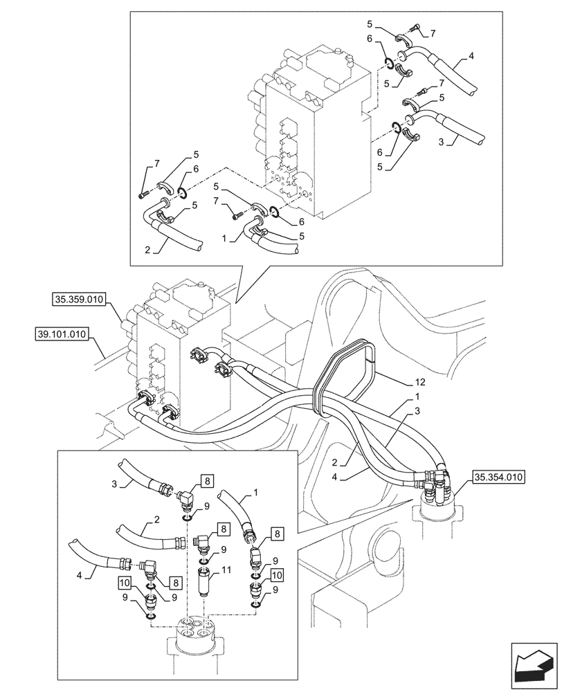 Схема запчастей Case CX245D - (35.354.020) - HYDRAULIC SWIVEL, LINE (35) - HYDRAULIC SYSTEMS