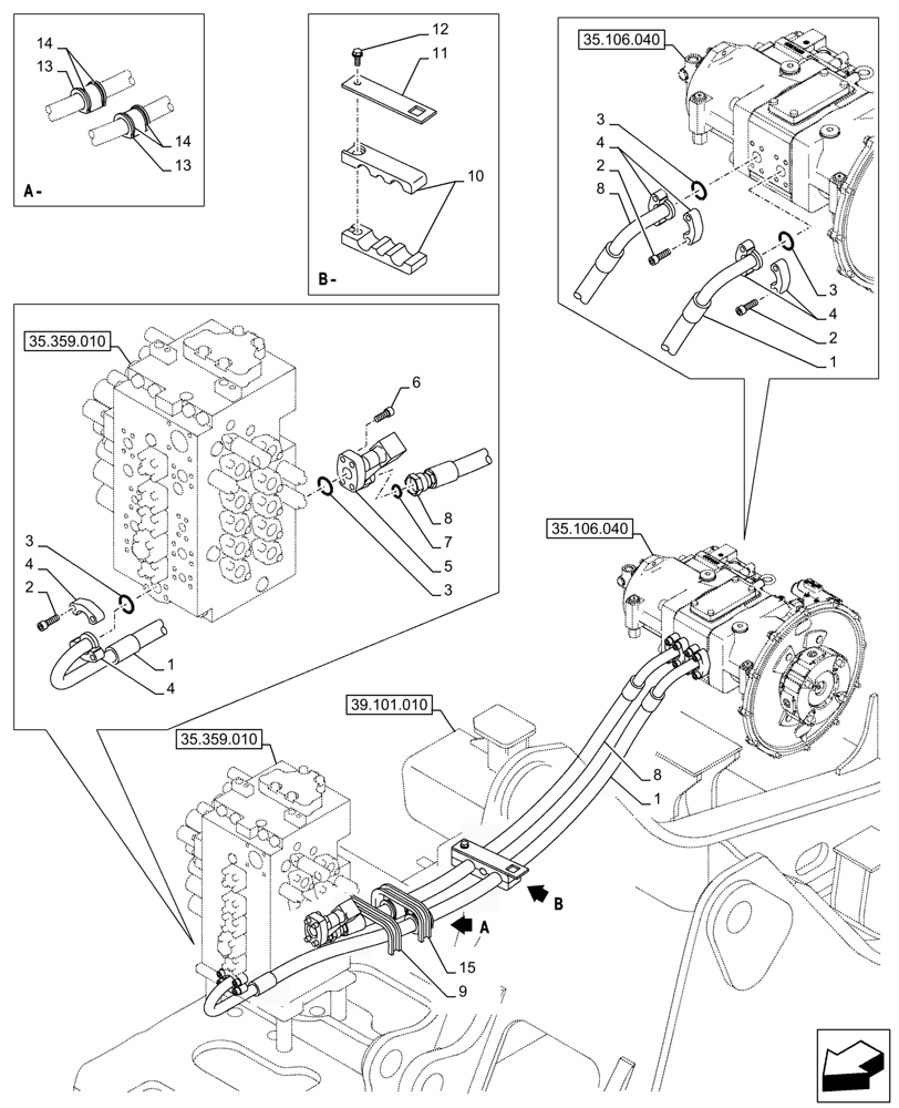 Схема запчастей Case CX245D - (35.106.020) - VARIABLE DELIVERY HYDRAULIC PUMP, PRESSURE PIPE (35) - HYDRAULIC SYSTEMS