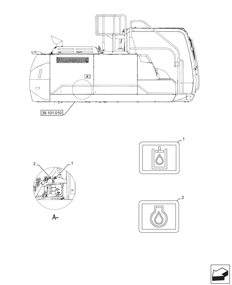 Схема запчастей Case CX245D - (90.108.040) - WARNING DECAL, DRAIN LINE (90) - PLATFORM, CAB, BODYWORK AND DECALS