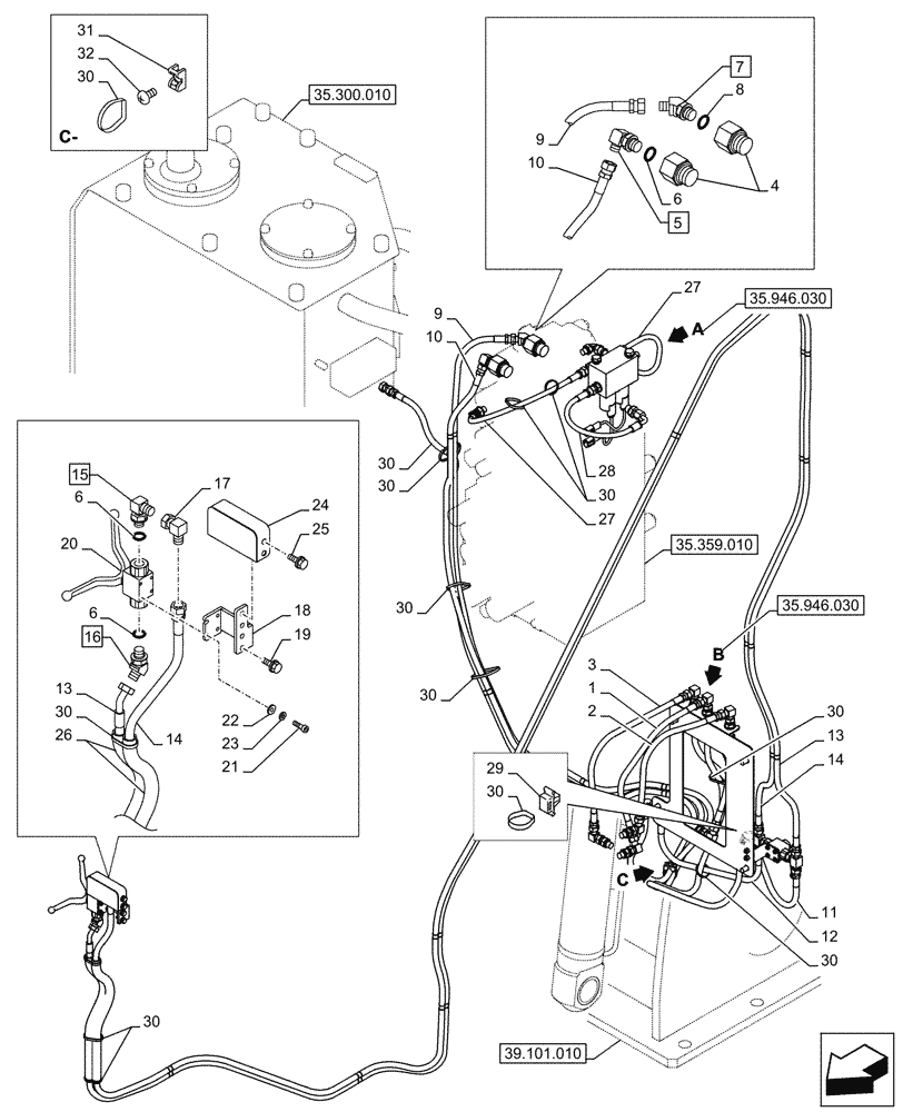 Схема запчастей Case CX290D LC SL - (35.946.010) - ELEVATOR, FRAME, HYDRAULIC LINE (35) - HYDRAULIC SYSTEMS