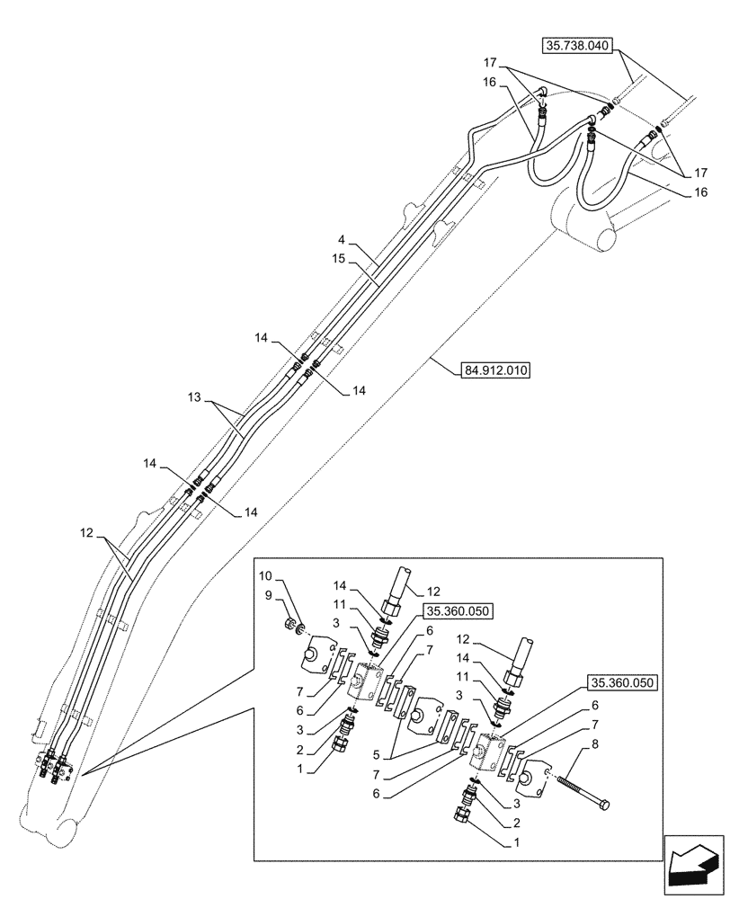 Схема запчастей Case CX290D LC SL - (35.738.050) - VAR - 461033 - BUCKET CYLINDER, LINES (35) - HYDRAULIC SYSTEMS