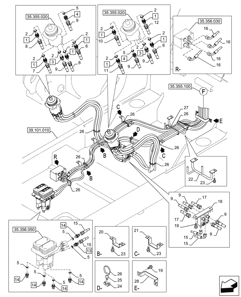 Схема запчастей Case CX290D LC SL - (35.355.090) - VAR - 461558 - JOYSTICK, HYDRAULIC LINE, CONTROL VALVE, CONTROL PATTERN SELECTION (35) - HYDRAULIC SYSTEMS