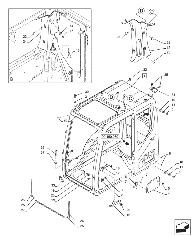 Схема запчастей Case CX290D LC MH - (90.150.010) - CAB (90) - PLATFORM, CAB, BODYWORK AND DECALS