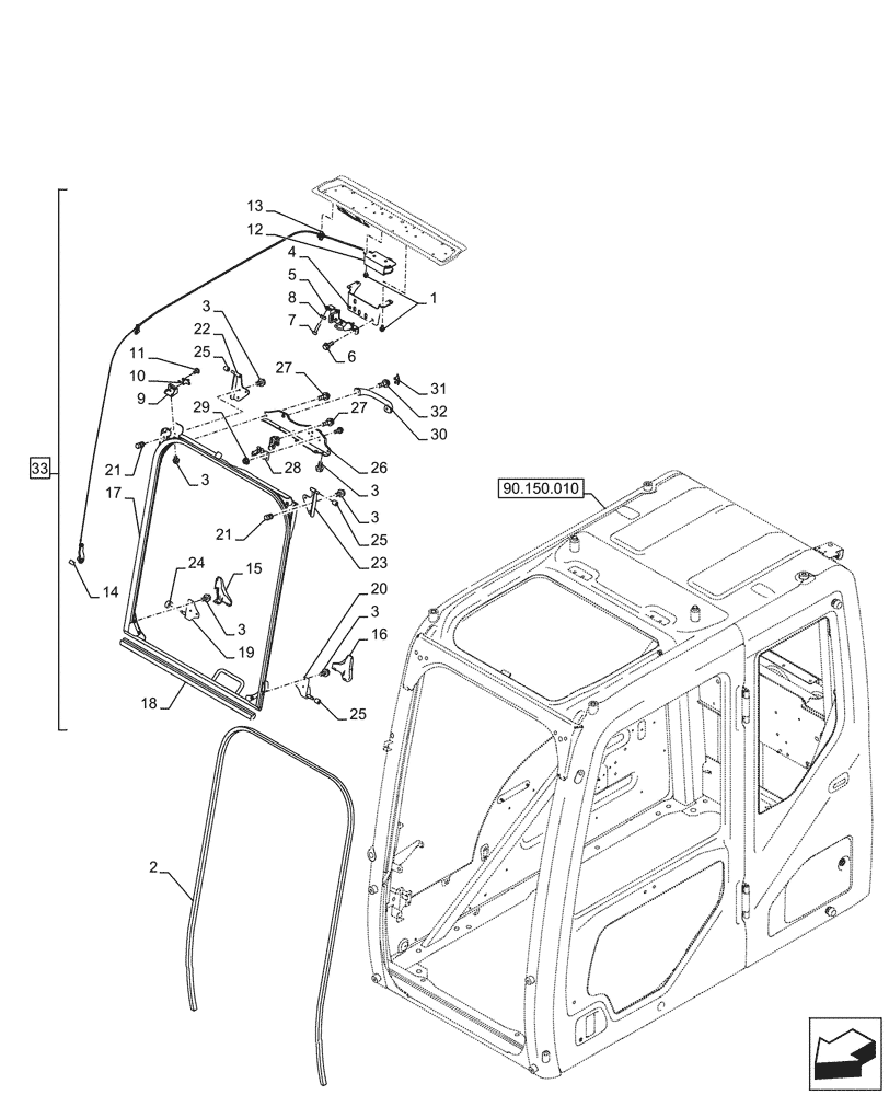Схема запчастей Case CX290D LC MH - (90.156.020) - WINDSHIELD, LATCH (90) - PLATFORM, CAB, BODYWORK AND DECALS