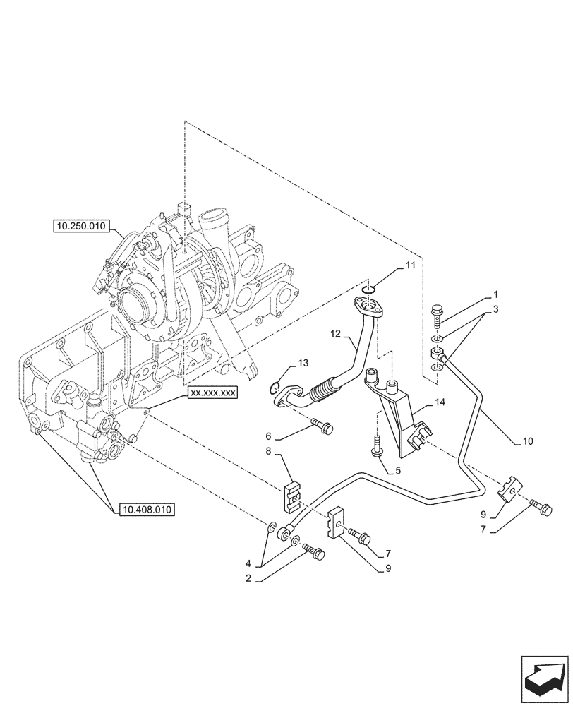 Схема запчастей Case AQ-6WG1XASS11 - (10.250.030) - TURBOCHARGER, RETURN LINE (10) - ENGINE