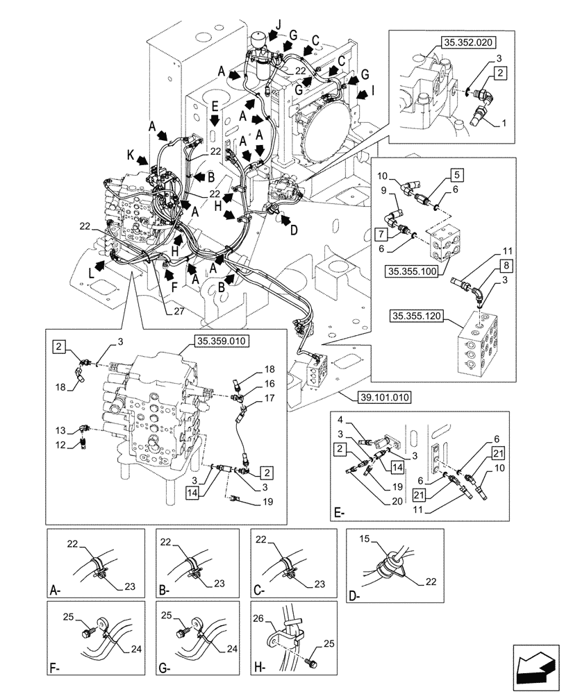Схема запчастей Case CX145D SR LC W/BLADE - (35.357.020) - PILOT VALVE, CONTROL VALVE LINE (35) - HYDRAULIC SYSTEMS