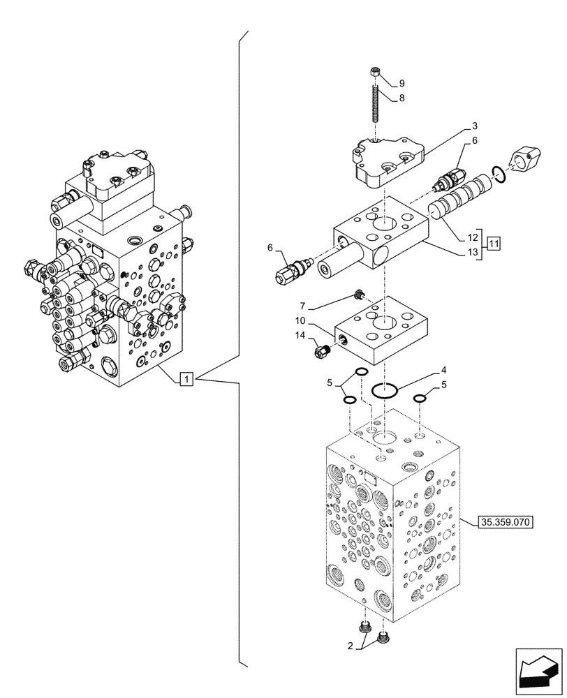 Схема запчастей Case CX145D SR LC - (35.359.100) - VAR - 461863 - CONTROL VALVE, CLAMSHELL BUCKET, ROTATION, W/ ELECTRICAL PROPORTIONAL CONTROL, COMPONENTS (35) - HYDRAULIC SYSTEMS