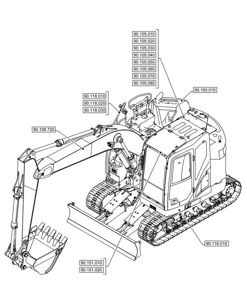 Схема запчастей Case CX145D SR LC W/BLADE - (00.000.90[01]) - PICTORIAL INDEX - PLATFORM, CAB, BODYWORK AND DECALS (00) - GENERAL & PICTORIAL INDEX