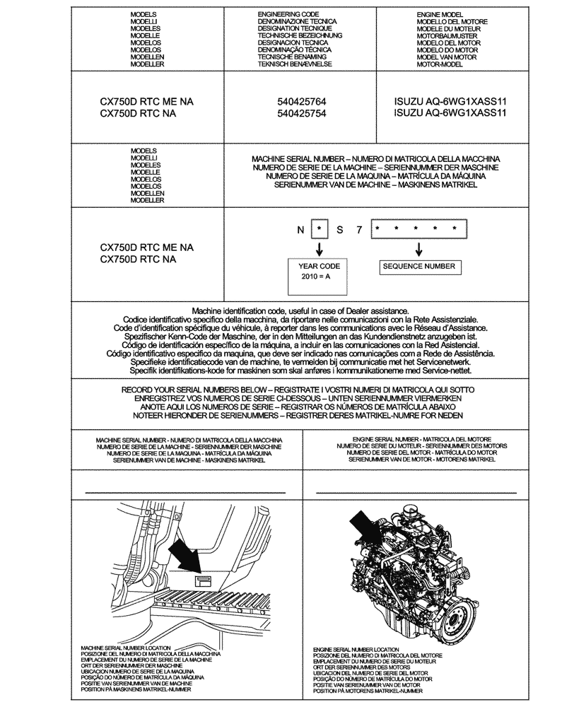 Схема запчастей Case CX750D RTC ME - (00.100.01) - IDENTIFICATION PLATES AND VERSION LIST (00) - GENERAL & PICTORIAL INDEX