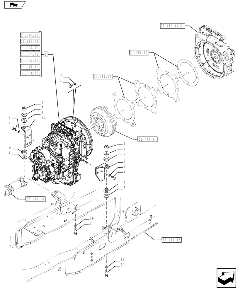 Схема запчастей Case 590SN - (21.113.01[01]) - VAR - 423060 - TRANSMISSION POWERSHIFT S-TYPE - MOUNTING - 2WD (21) - TRANSMISSION