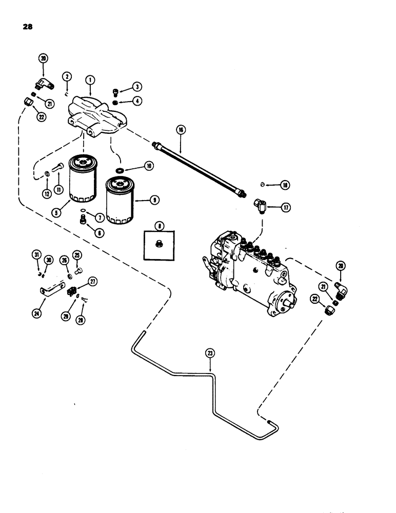 Схема запчастей Case W24 - (028) - FUEL FILTER SYSTEM, (504B) DIESEL ENGINE, 1ST USED ENG. SER. NO. 2323001 (03) - FUEL SYSTEM