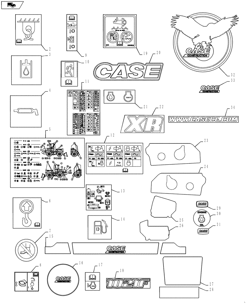 Схема запчастей Case 1021F - (90.108.01) - DECALS - COMMON TO MODEL (90) - PLATFORM, CAB, BODYWORK AND DECALS