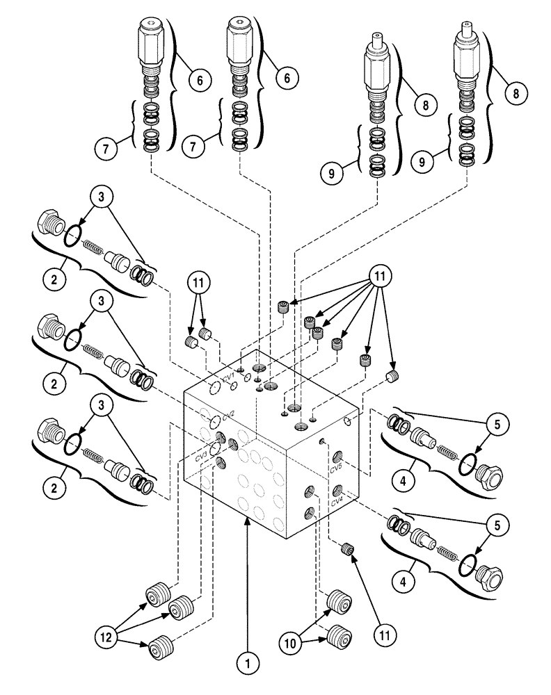 Схема запчастей Case 6010 - (08-27) - VALVE ASSY - POWER WRENCH AND STAKEDOWN MANIFOLD (35) - HYDRAULIC SYSTEMS