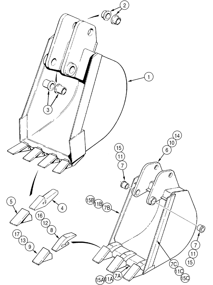 Схема запчастей Case 460 - (9-30) - BACKHOE BUCKETS, STANDARD BUCKETS, D100 BACKHOE, BUCKET WITH CYLINDER PIVOT BUSHINGS (09) - CHASSIS/ATTACHMENTS