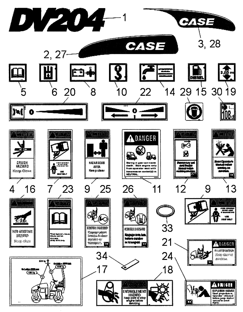 Схема запчастей Case DV204 - (12-510/4[01]) - DECALS (12) - Chassis/Attachments
