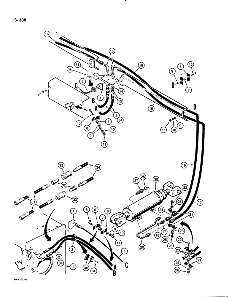 Схема запчастей Case 1450B - (8-338) - OPTIONAL DZER TILT HYD CIRT FOR MECHANICAL ANGLE DZER SHROUD TO CYL MODELS W/HOSES ON BACK OF BLADE (08) - HYDRAULICS