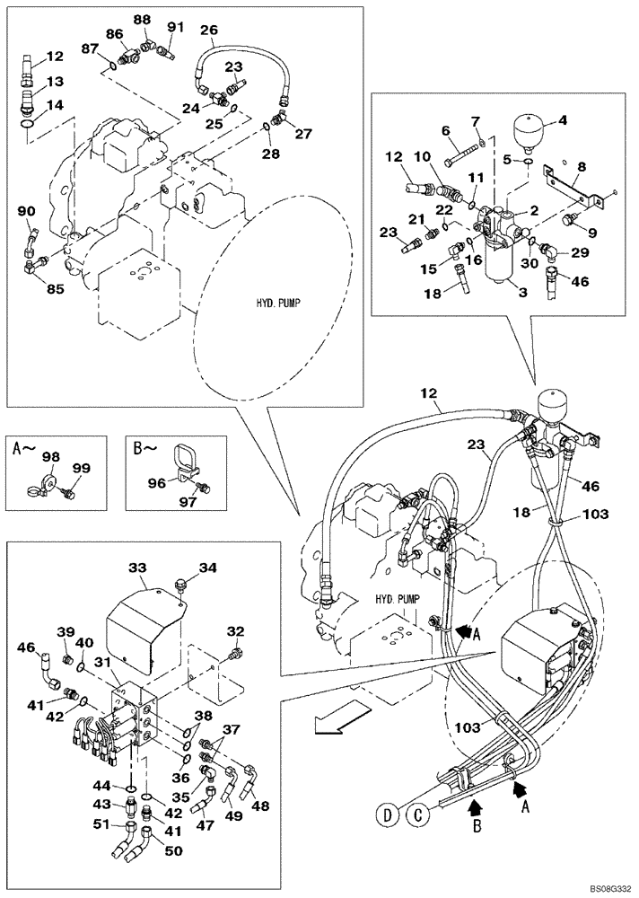 Схема запчастей Case CX470B - (08-23) - HYDRAULICS - PILOT PRESSURE, RETURN LINES (08) - HYDRAULICS