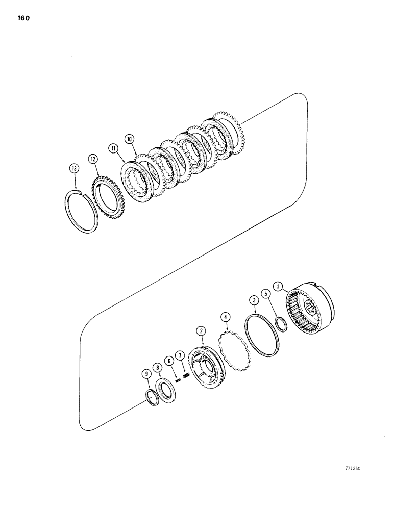 Схема запчастей Case 1150B - (160) - TRANS. CLUTCHES, FOR I.D.: ITEM 10 HAS 5/32" (2.29 MM) STEEL CORE, FOR I.D: ITEM HAS 1/8" (3.05 MM) (03) - TRANSMISSION