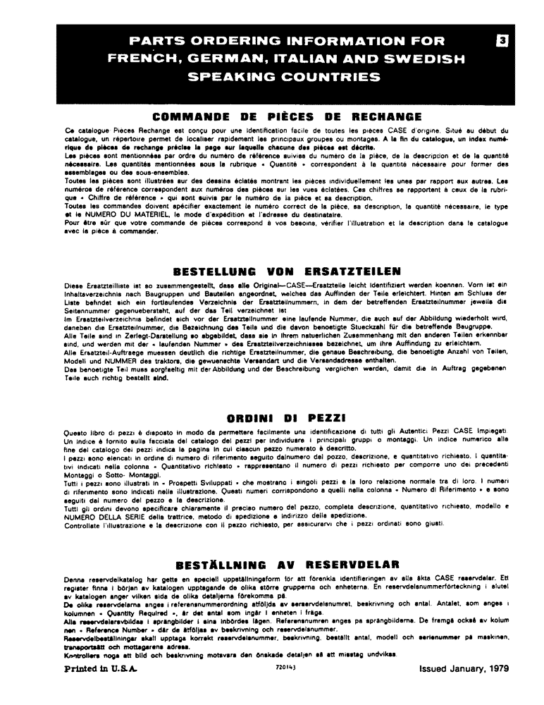 Схема запчастей Case 455B - (003) - PARTS ORDERING INFORMATION FOR FRENCH, GERMAN, ITALIAN AND SWEDISH SPEAKING COUNTRIES (00) - GENERAL