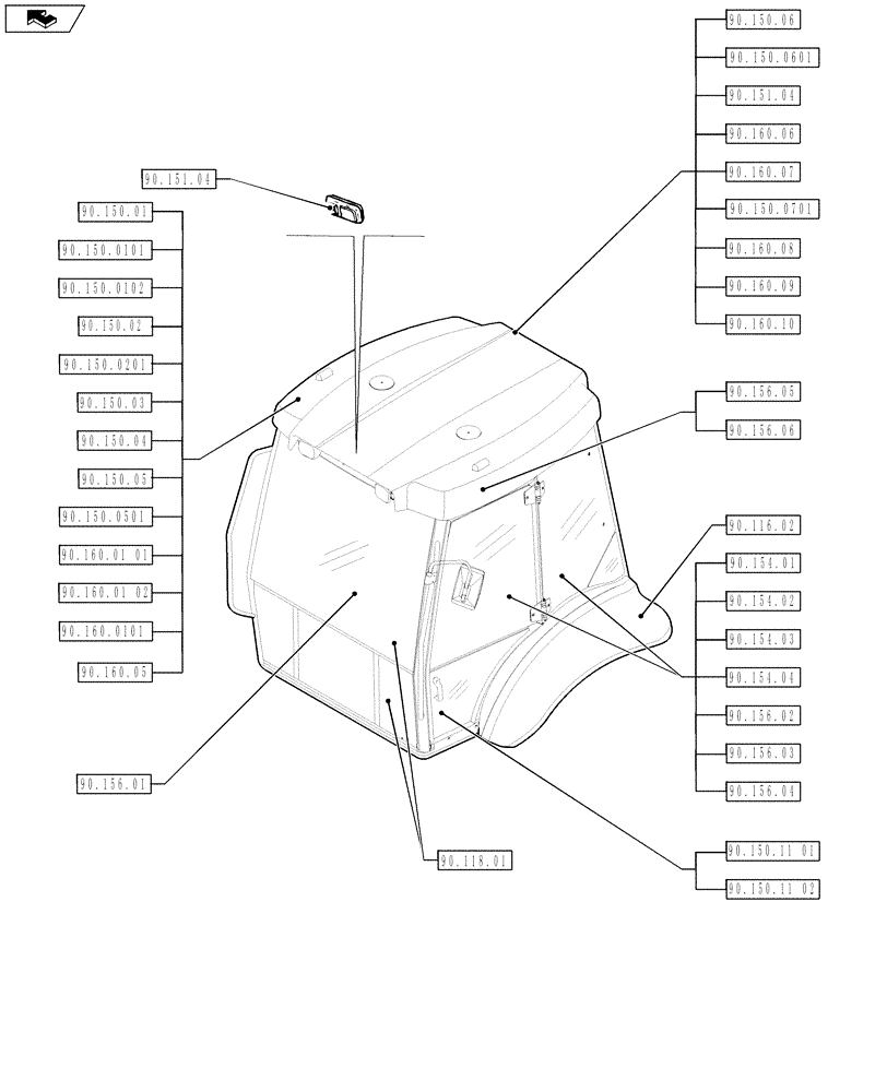 Схема запчастей Case 580SN WT - (90.000.00[03]) - PICTORIAL INDEX - PLATFORM, CAB, BODYWORK AND DECALS (90) - PLATFORM, CAB, BODYWORK AND DECALS