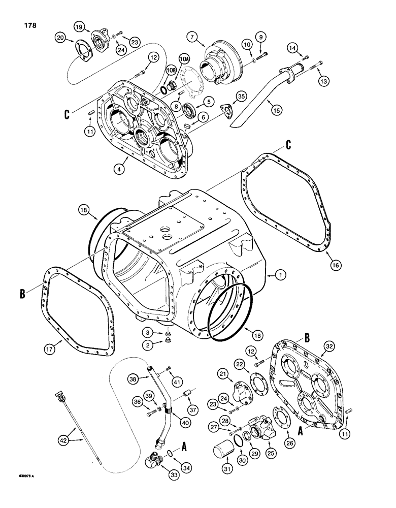 Схема запчастей Case 1150D - (178) - TRANSMISSION HOUSING, COVERS, AND DIPSTICK (06) - POWER TRAIN