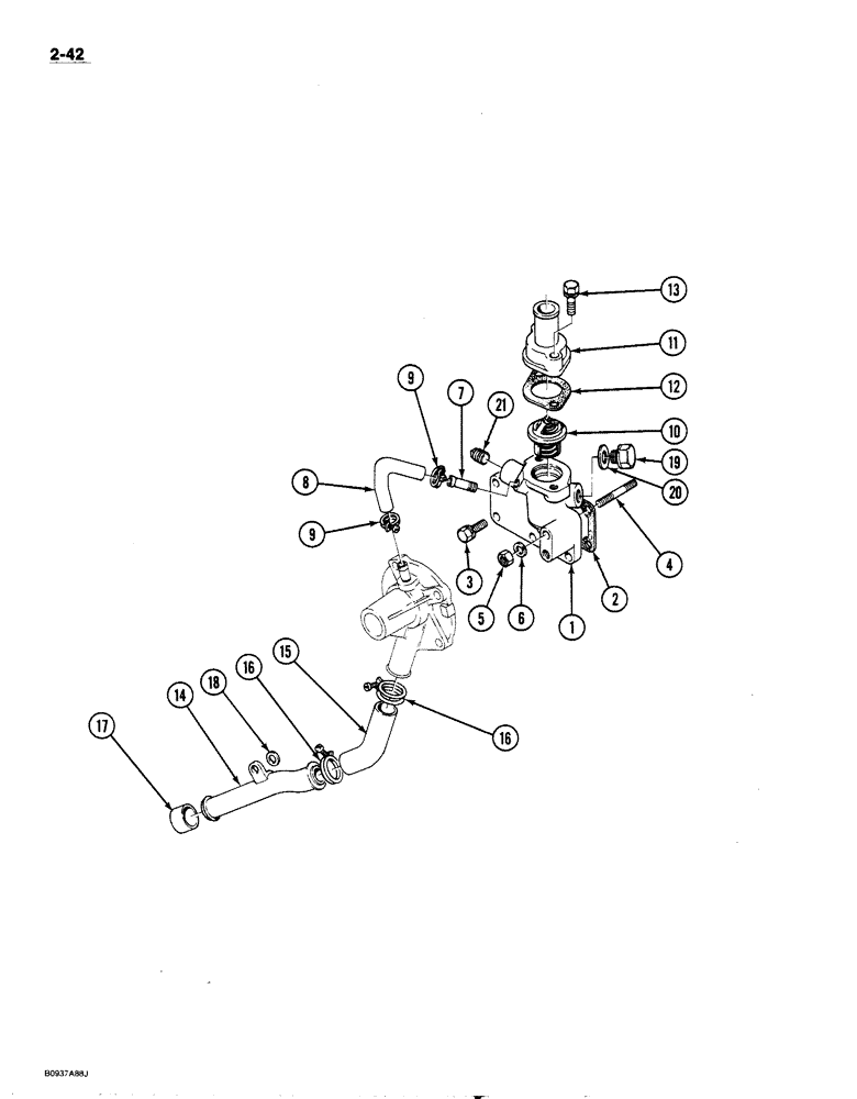 Схема запчастей Case 1818 - (2-042) - THERMOSTAT, HOUSING AND TUBES, DIESEL MODELS (02) - ENGINE