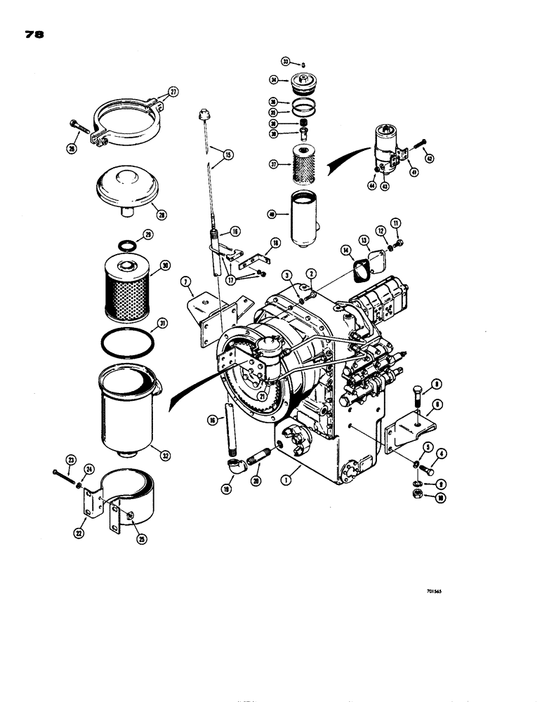 Схема запчастей Case W24 - (078) - TRANSMISSION MOUNTING PARTS, DIPSTICK AND OIL FILTER, TRANSMISSION MOUNTING PARTS AND DIPSTICK, (06) - POWER TRAIN
