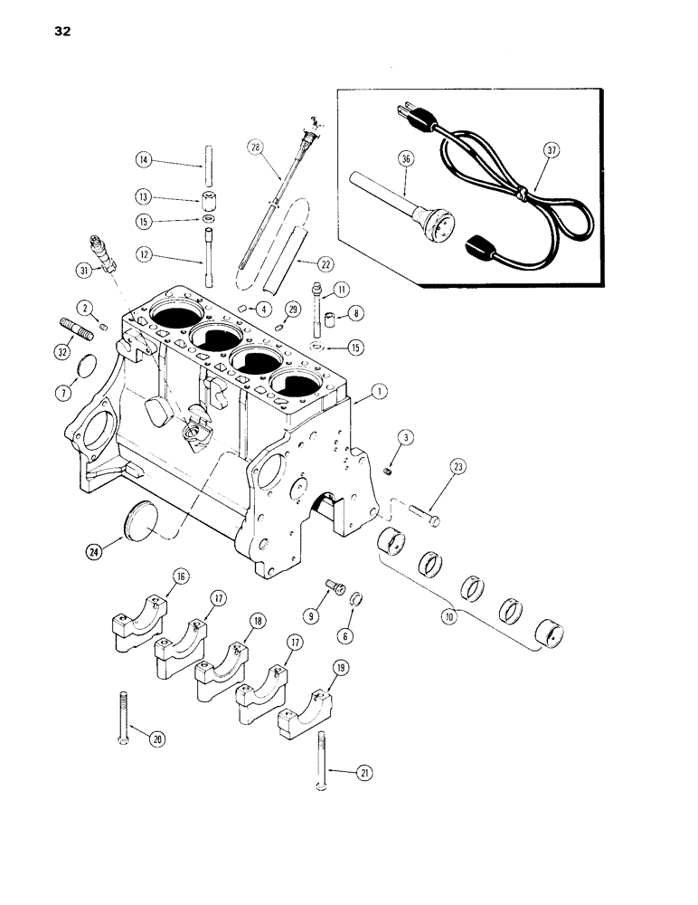 Схема запчастей Case 584C - (032) - CYLINDER BLOCK, 207 DIESEL ENGINE, PRIOR TO ENGINE SERIAL NO 2850355, BLOCK HEATER (10) - ENGINE