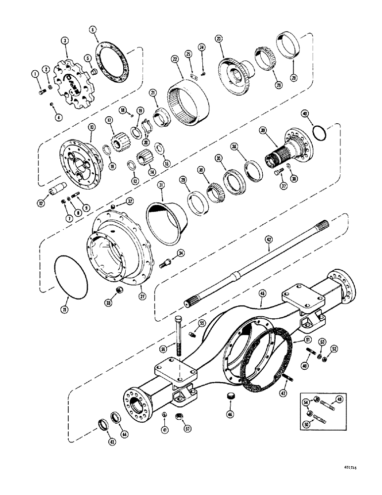 Схема запчастей Case W10B - (166) - A19080 AND L15393 FRONT RIGID AXLES, AXLE HOUSING AND PLANETARY (06) - POWER TRAIN