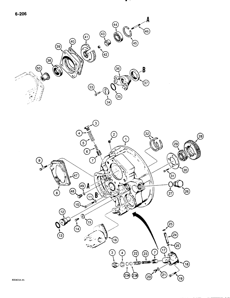 Схема запчастей Case 1450B - (6-206) - TORQUE CONVERTER, HOUSING, COVERS AND GEARS (06) - POWER TRAIN