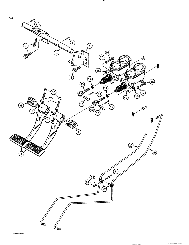 Схема запчастей Case 450C - (7-04) - BRAKE PEDALS, MASTER CYLINDERS, & LINES TO TRANS. CONTROL VALVE, USED ON P.I.N. GBE 0001501 & AFTER (07) - BRAKES