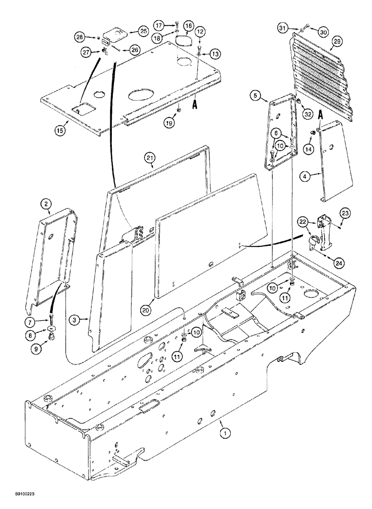 Схема запчастей Case 760 - (09-004) - CHASSIS, HOOD, AND GRILLE, SIDE PANELS RETAINED TO HOOD FLANGE W/TUBE BRACKETS (90) - PLATFORM, CAB, BODYWORK AND DECALS