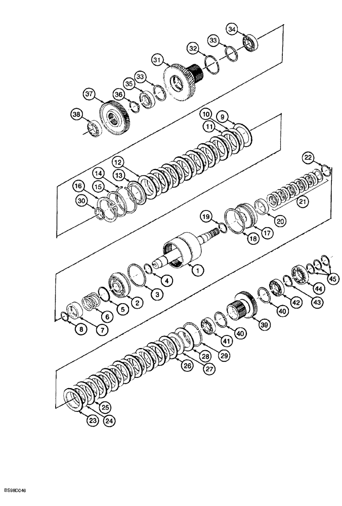Схема запчастей Case 580SL - (6-134) - CLARK POWERSHIFT TRANSMISSION ASSEMBLY, CLUTCH AND PINIONS, FIRST GEAR, REVERSE DRIVE (06) - POWER TRAIN