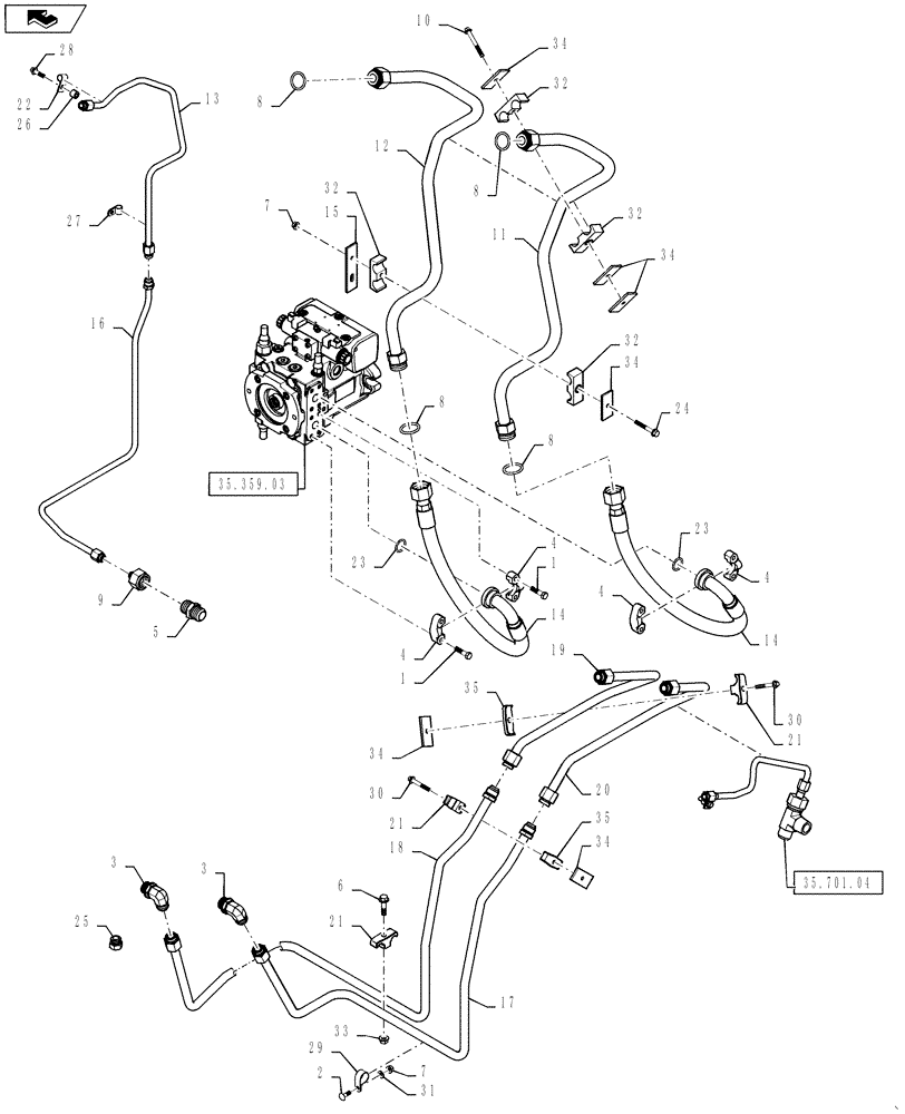 Схема запчастей Case TV380 - (35.734.AH[03]) - 2ND AUX HYD, HIGH FLOW, CHASSIS PLUMBING (SV250,SV300,TV380) (35) - HYDRAULIC SYSTEMS