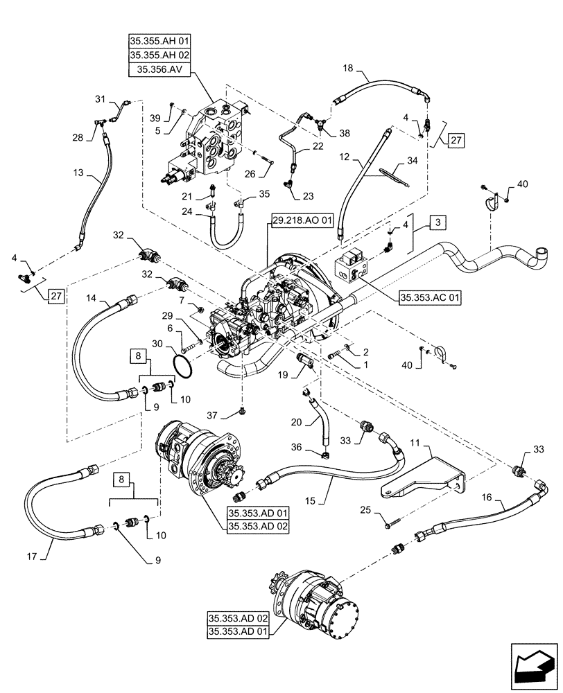 Схема запчастей Case SR250 - (29.204.AB[02]) - HYDROSTATIC PUMP, DRIVE, LINE, MECHANICAL CONTROLS (SR220-SV300) (29) - HYDROSTATIC DRIVE