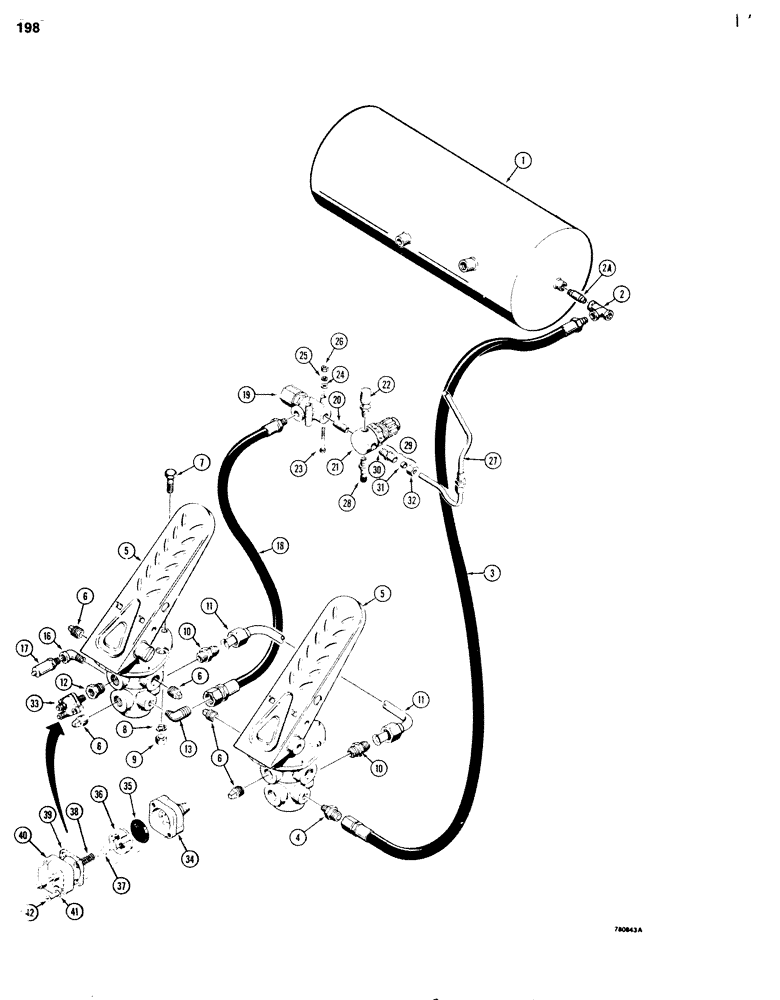 Схема запчастей Case 680G - (198) - BRAKE SYSTEM, RESERVOIR TO PROTECTION VALVES AND TREADLES (07) - BRAKES