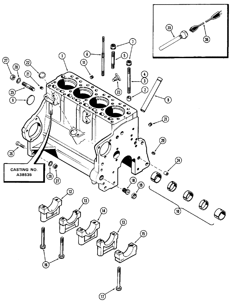 Схема запчастей Case 310G - (009A) - CYLINDER BLOCK ASSEMBLY, (188) DIESEL ENGINE, WITH OLD TYPE CYLINDER SLEVE (01) - ENGINE