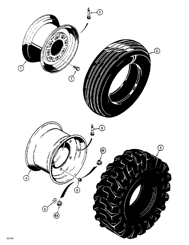 Схема запчастей Case 584E - (5-20) - REAR WHEELS AND TIRES, TWO WHEEL DRIVE MODELS, FOR 8.00 X 16 AND 11L X 16 TIRES (05) - STEERING