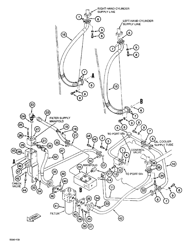 Схема запчастей Case 9060B - (8-160) - AUXILIARY EQUIPMENT - SINGLE AND DOUBLE ACTION, BASIC HYDRAULICS-CONTROL VALVE TO FILTER (08) - HYDRAULICS