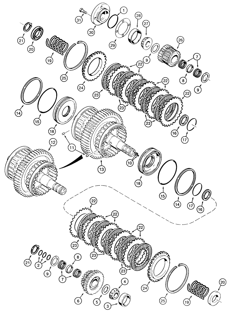 Схема запчастей Case 855E - (6-14) - TRANSMISSION HIGH-LOW CLUTCHES AND SHAFTS (06) - POWER TRAIN