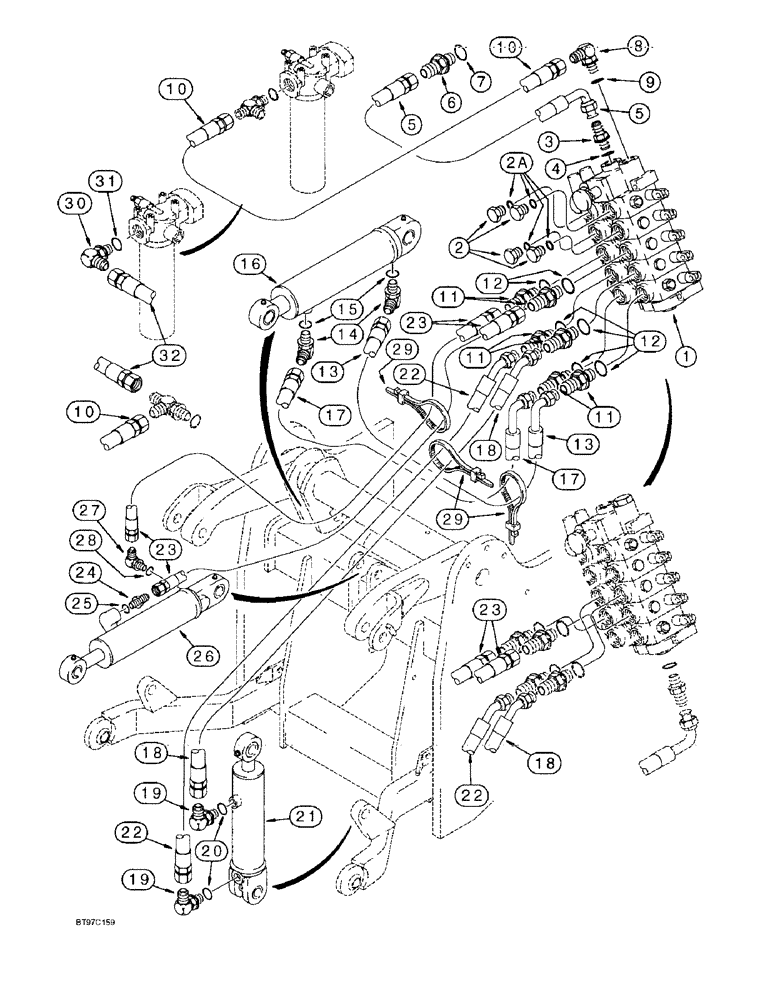 Схема запчастей Case 580L - (8-057C) - THREE-POINT HITCH CYLINDER HYDRAULIC CIRCUIT, RETURN LINE AT TOP OF HITCH VALVE (08) - HYDRAULICS